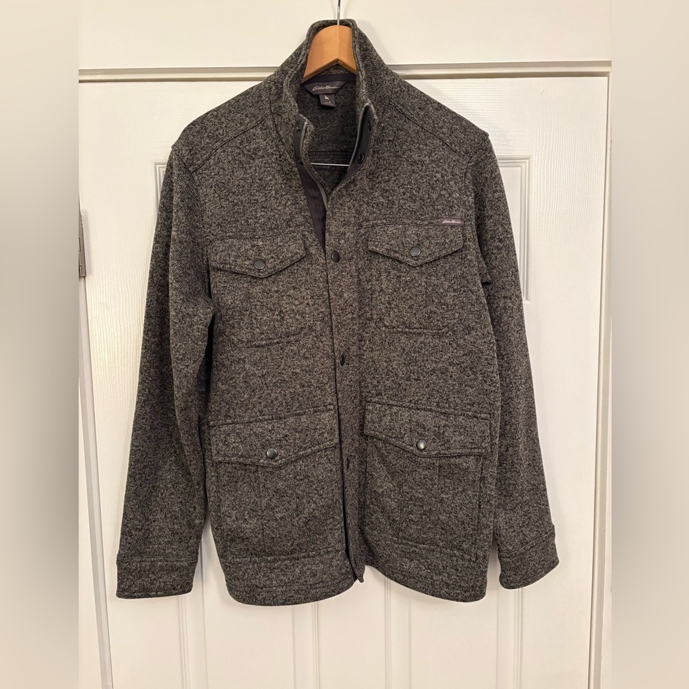 Eddie Bauer Jacket Mens Small Gray Zip Button Up Outdoors Military Pockets Coat